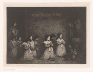 Skupina dívek v modlitbě před sochou Marie La Priere (název na objektu) Eaux-Fortes Modernes: Originales et Inédites (název série)