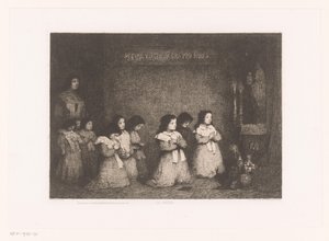 Skupina dívek v modlitbě před sochou Marie La Priere (název na objektu) Eaux-Fortes Modernes: Originales et Inédites (název série)