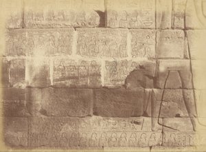 Detailní pohled na hieroglyfické nápisy a sochy (Seznam poražených národů), Karnak od Théodule Devéria