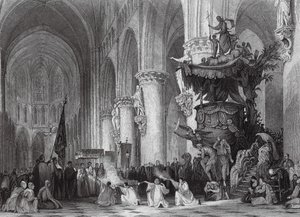 Katedrála sv. Gudula se slavnou vyřezávanou kazatelnou, Brusel (rytina) od Thomas (after) Allom