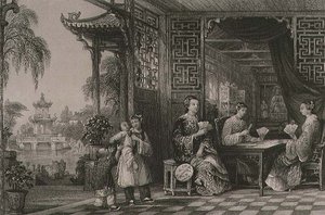 Dámy z mandarínské rodiny v Cards, z „Čína v řadě pohledů“ od George Newenhama Wrighta (asi 1790-1877) 1843 (rytina) od Thomas (after) Allom