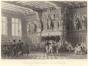 Justiční palác, s jemným vyřezávaným komínem, Bruggy (rytina) od Thomas (after) Allom