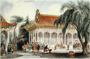 Audienční síň v paláci Yuen-ming-Yuan, Peking, kolem roku 1850 (barevné lito) od Thomas (after) Allom