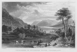 Thirlmere, nebo Wythburn Water, Cumberland (rytina) od Thomas (after) Allom