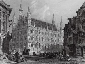 Louvainská radnice s částí katedrály (rytina) od Thomas (after) Allom