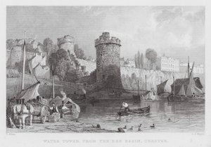 Vodárenská věž, z Dee Basin, Chester (rytina) od Thomas (after) Allom