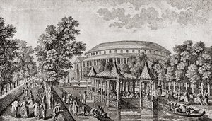 Ranelagh Gardens, Chelsea, Londýn, Anglie. Exteriér rotundy v Ranelagh Gardens, „čínský dům“ a část areálu, po rytině Thomase Bowlese od Thomas (after) Bowles
