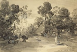 Zalesněná krajina s postavami, chalupou a krávou, cca 1785 (mytí a křída s kvašem na papíře) od Thomas (after) Gainsborough