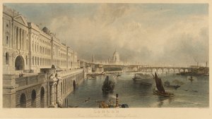 "Pohled na Londýn, Anglie, z námořní budovy Somerset House, s katedrálou svatého Pavla a Londýnským mostem. Litografie od Thomas Allom