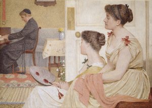 Scéna v salonu s mladým knězem u klavíru, konec 19. století