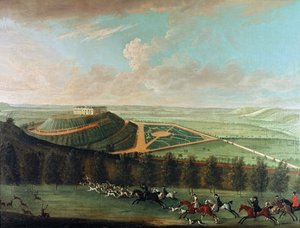 Pohled na hrad Belvoir z jihozápadu, s Belvoir Hunt in Full Cry, 1730