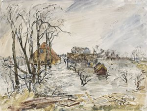 Ostrov Walcheren (Nizozemsko) zaplaven. Obraz Thomase Hennela (1903-1945), akvarel 1944