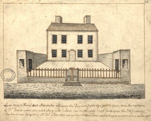 Levers House, Manchester, 1819 (pero, tuš a wash na papíře)