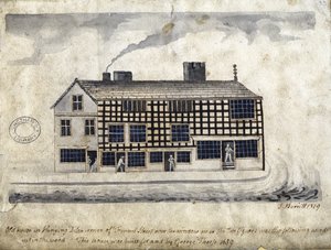 Old House on Hanging Ditch, Manchester, 1819 (pero a inkoust a mytí na papíře)