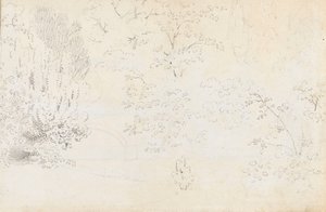 Grafitová studie mostu a stromů od západu (verso)