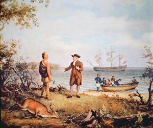 William Penn přijíždí poprvé do Ameriky a v roce 1682 se setkává s domorodým Američanem (olej na plátně)