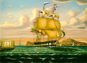 Paketová loď proplouvající kolem hradu Williams, New York Harbor, polovina 19. století.