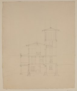 Kresba navrhované vily v Catskill, kolem 1801-48 (grafitová tužka na špinavě bílém tkaném papíře) od Thomas Cole