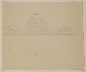 Elevation of the Ohio State House, c.1838 (grafitová tužka na béžovém tkaném papíře) od Thomas Cole