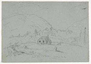 Dům v Mount Desert, kolem roku 1844 (grafit zvýrazněný bílou pastelkou na papíře) od Thomas Cole