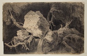 Lovec stojící v jeskyni poblíž skály a vodopádu, kolem roku 1828 (grafitová tužka) od Thomas Cole