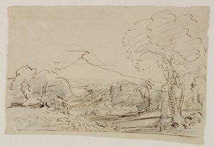 Volcano, Lake, Figure Hunting, 1846-47 (pero a inkoust s tužkou na papíře) od Thomas Cole