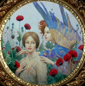 "Poselství" Mladá žena a anděl na makovém poli. Obraz Thomase Coopera Gotche (1854-1931) (prerafaelita) Soukromá sbírka