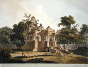 Starověký hinduistický chrám ve Fort of Rotas, Bahar, deska 12 z „Oriental Scenery: Twenty Four Views in Hindoostan“, vydané v roce 1796 (barevné litho) od Thomas Daniell