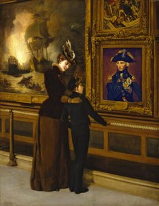 Britská pýcha a sláva, kadet královského námořnictva rozjímá nad slavným portrétem Horatia Nelsona (1748-1805) od Lemuela Abbotta.