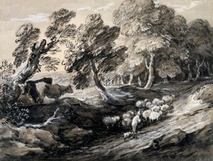 Pastýř žene stádo ovcí lesem od Thomas Gainsborough