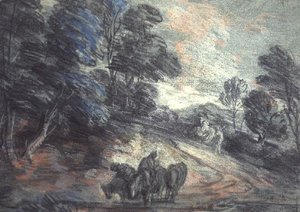 Zalesněná krajina s pijícími koňmi (pastel) od Thomas Gainsborough