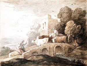 Most s přecházejícím dobytkem (kresba) od Thomas Gainsborough
