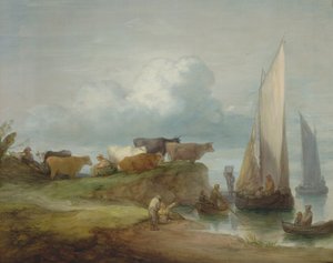 Dobytek na břehu řeky s plachetnicemi, 1780-84