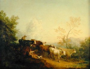 Pastevci pohánějící dobytek ke sloupku (olej na plátně) od Thomas Gainsborough