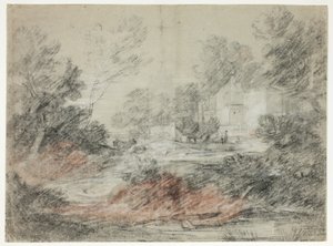 Krajina s budovami u potoka od Thomas Gainsborough