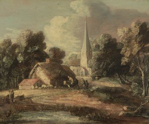 Krajina s chatou a kostelem od Thomas Gainsborough