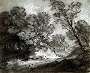 č.0975 Zalesněná krajina se vzdálenou horou (křída na modrém papíře) od Thomas Gainsborough