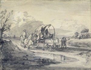 Otevřená krajina s pastevcem a krytým vozíkem, kolem 1780-85 (šedočerné mytí a křída položená na papíře) od Thomas Gainsborough