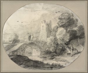 Říční krajina s mostem a kostelem od Thomas Gainsborough