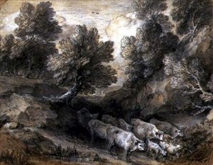 Zalesněná krajina s dobytkem a kozami, kolem 1768-72 (černobílá křída na papíře) od Thomas Gainsborough