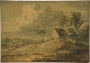 Zalesněná krajina s chalupou, kravami a ovcemi od Thomas Gainsborough