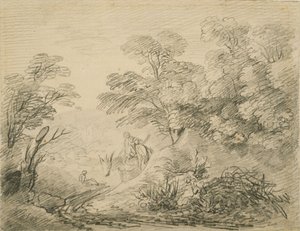 Zalesněná krajina s oslem a postavami, cca 1759 (grafit na papíře) od Thomas Gainsborough