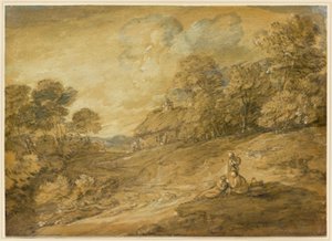 Waldlandschaft mit Figuren und gewundenem Pfad zu einem Cottage