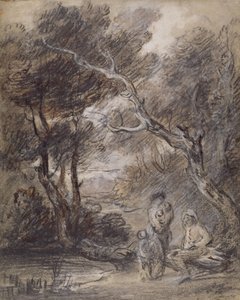Zalesněná krajina s figurami, cca 1788 (křída, mytí a kvaš na papíře) od Thomas Gainsborough