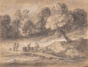 Zalesněná krajina s postavami na koni přes most od Thomas Gainsborough