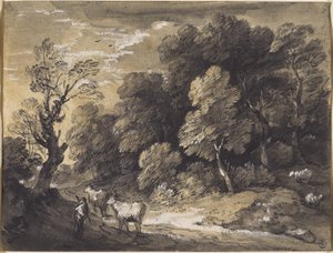 Zalesněná krajina s pastevcem a dobytkem, kolem 1775-80 (černá křída a šedočerná barva, zvýrazněná bílým kvašem na položený papír) od Thomas Gainsborough