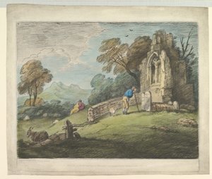 Zalesněná krajina s náhrobkem sedláka, milenci rustikálu a zničeným kostelem, 1. srpna 1797. od Thomas Gainsborough