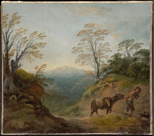 Zalesněná krajina s chlapcem vedoucím osla a psa a rozsáhlým panoramatem s budovami a vzdálenými kopci od Thomas Gainsborough