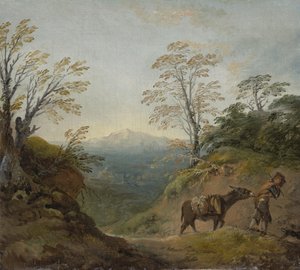 Zalesněná krajina s chlapcem, který vede osla a psa, a rozsáhlé panoráma s budovami a vzdálenými kopci, počátek 60. let 18. století od Thomas Gainsborough