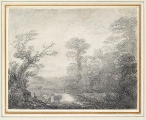 Zalesněná krajina s pastevcem, krávami a kostelní věží od Thomas Gainsborough